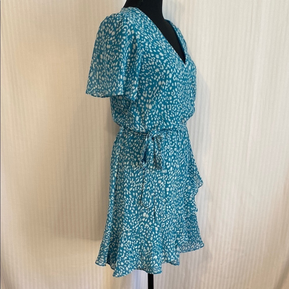 Romantic Flowy Dress Turquoise Blue and White Ruffled Brunch V-Neck Dress Small - Picture 5 of 10